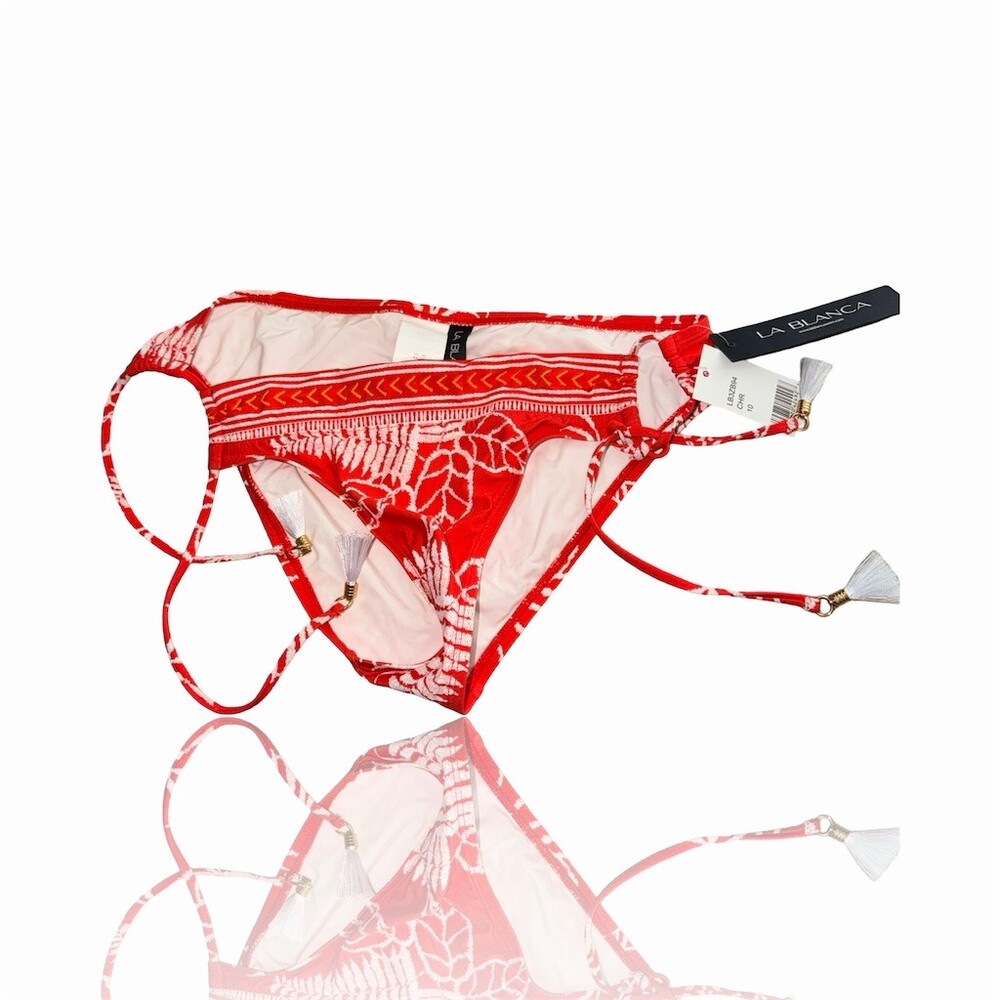 La Blanca Bikini Bottom Womens Size 10 Red Tropical Side Tie Tassel Cheeky